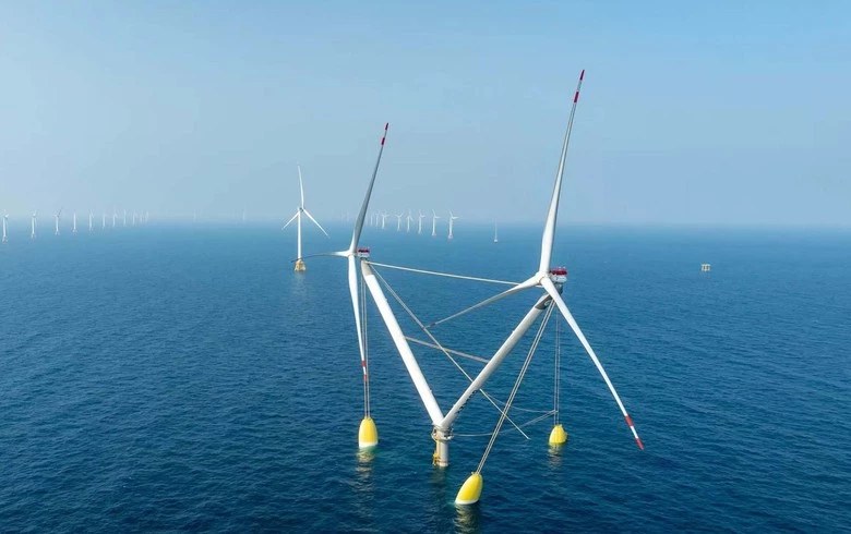 MingYang floating offshore wind turbine platform at sea.