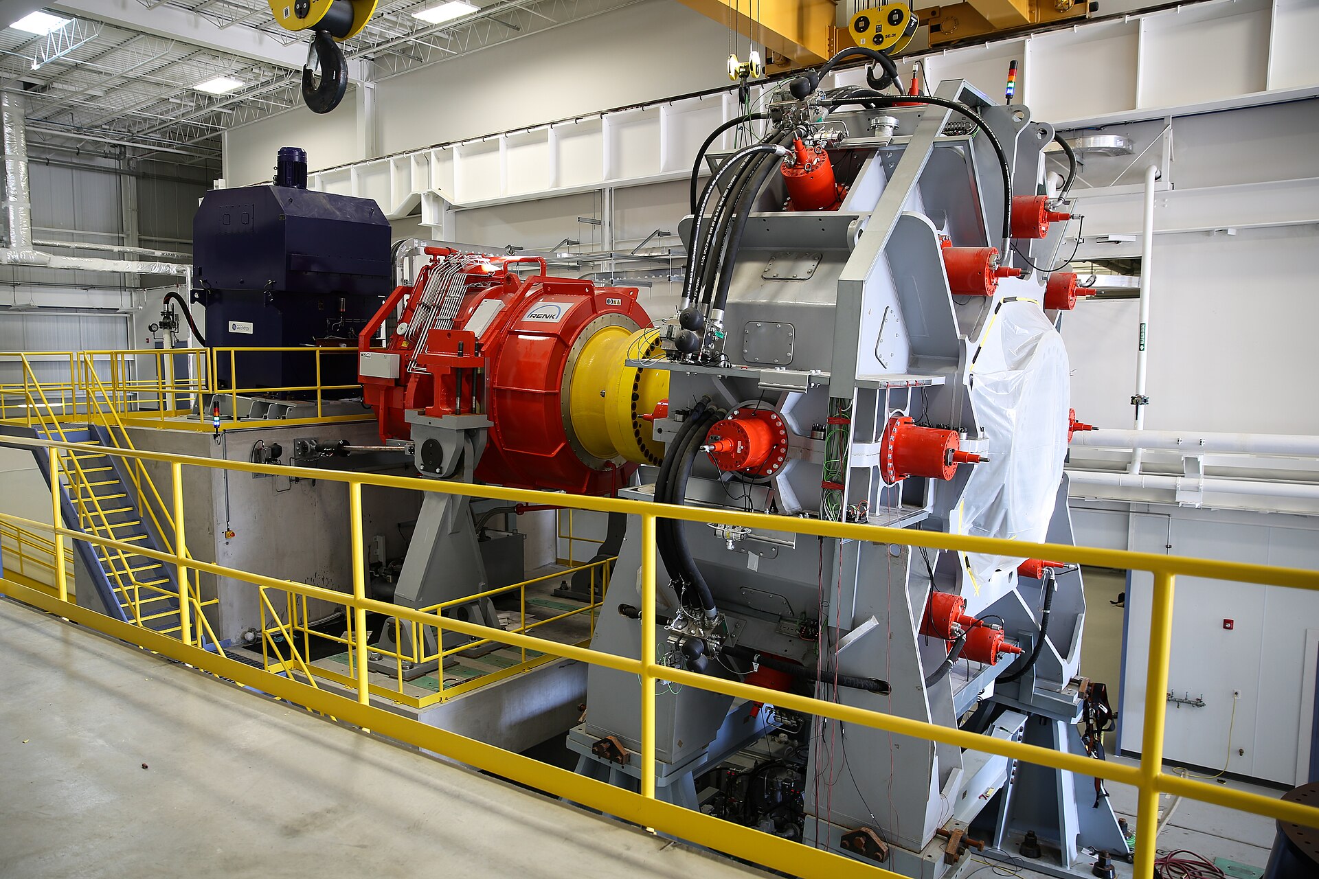 A wind turbine drivetrain mounted on a full-scale test rig at Clemson University's drivetrain testing facility
