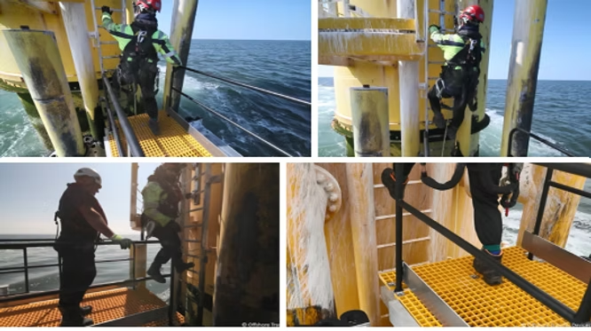 Technicians using the Tube Docking Device for offshore wind turbine transfers in real-world conditions