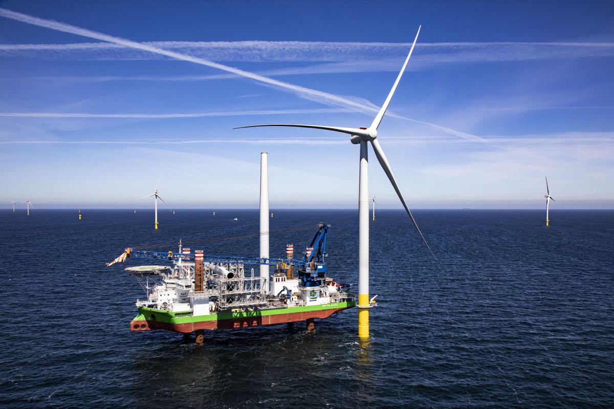 Sea Installer jacked up beside a turbine at an offshore wind farm