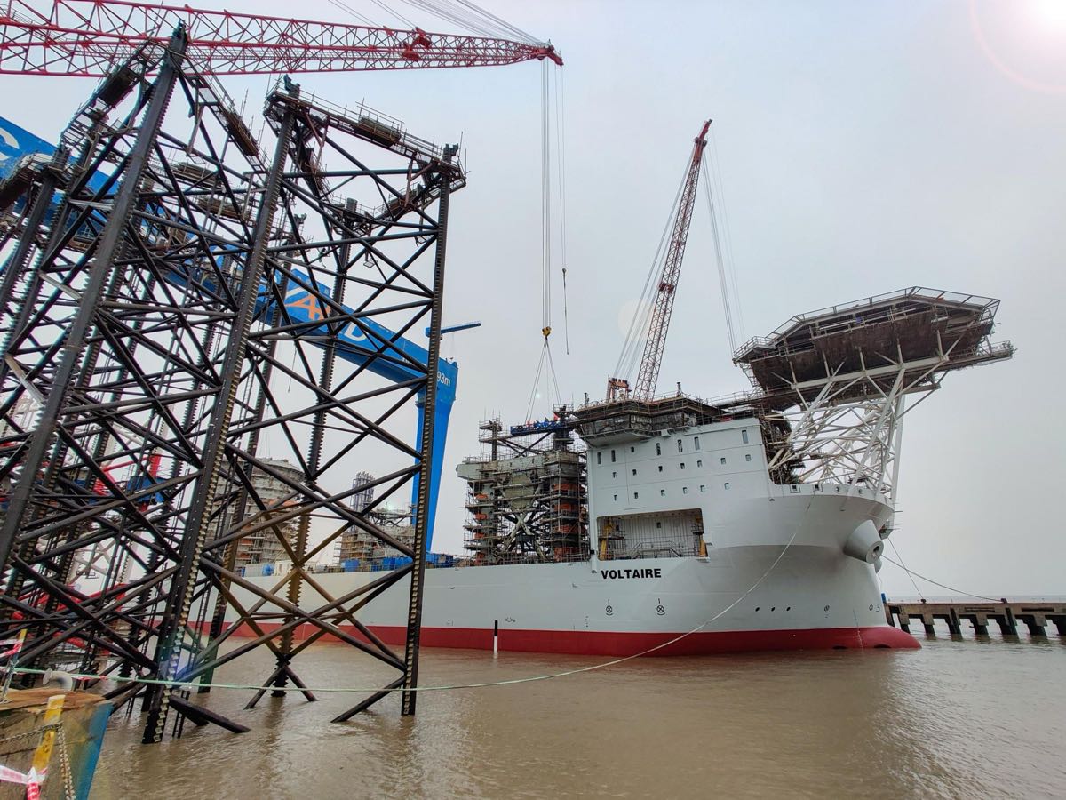 Jack-up installation vessel Voltaire alongside at the shipyard after launch