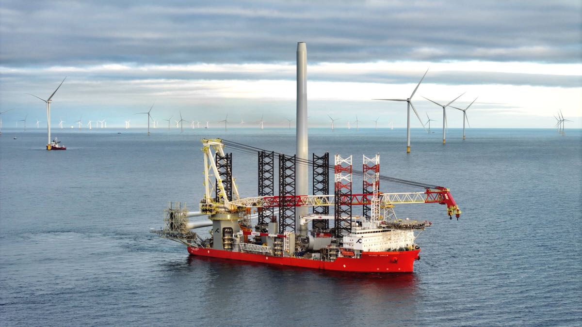 Wind Orca with turbine components on deck at an offshore wind farm